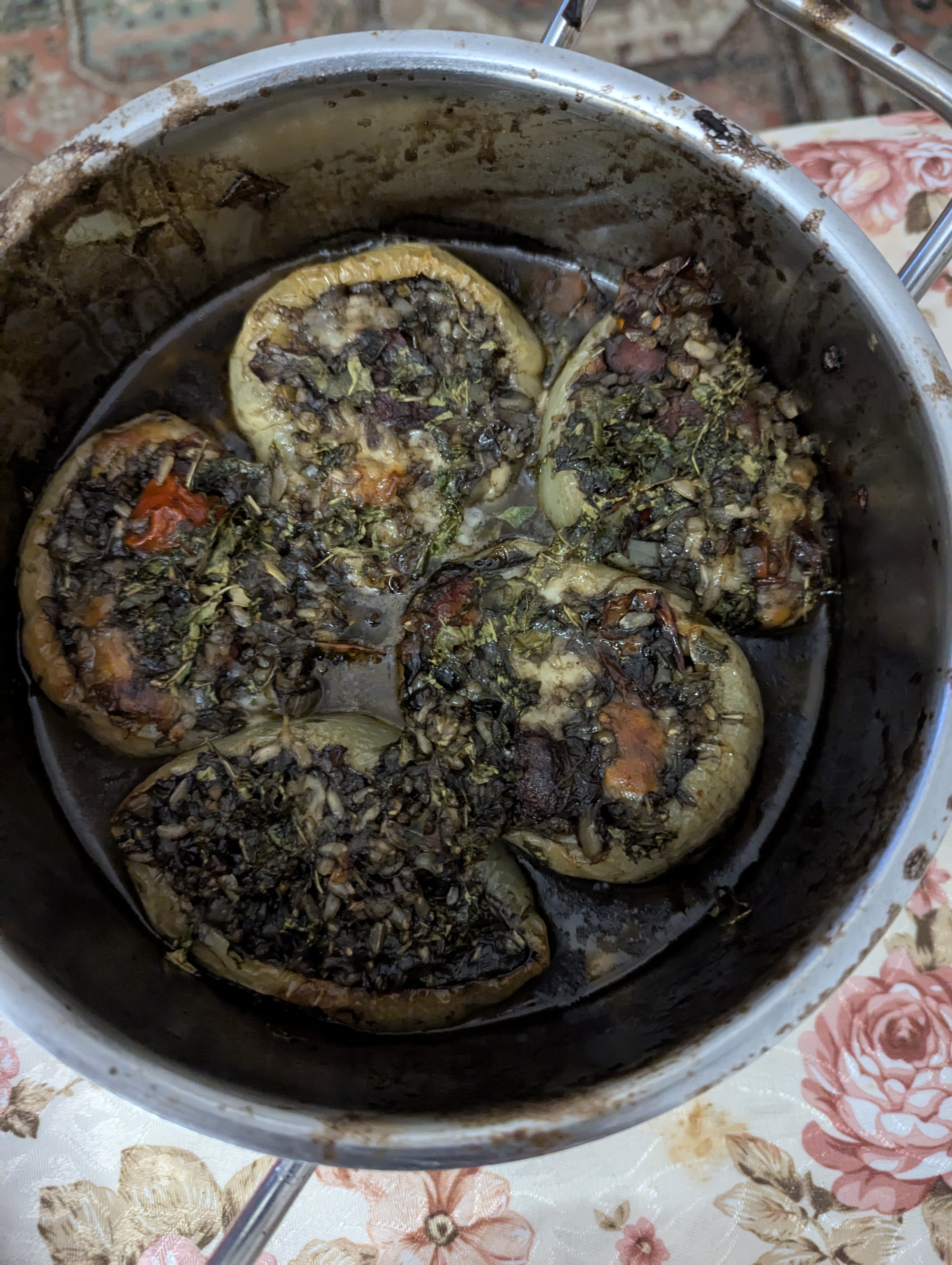 Squid Ink Risotto-Stuffed Bell Peppers with Cherry Tomatoes and Mozzarella